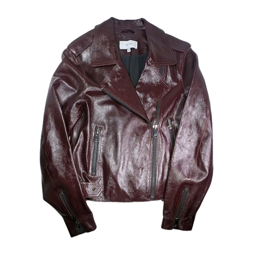 REISS Women Lidia Patent Leather Biker Moto Jacket Textured Outerwear Size 6 US